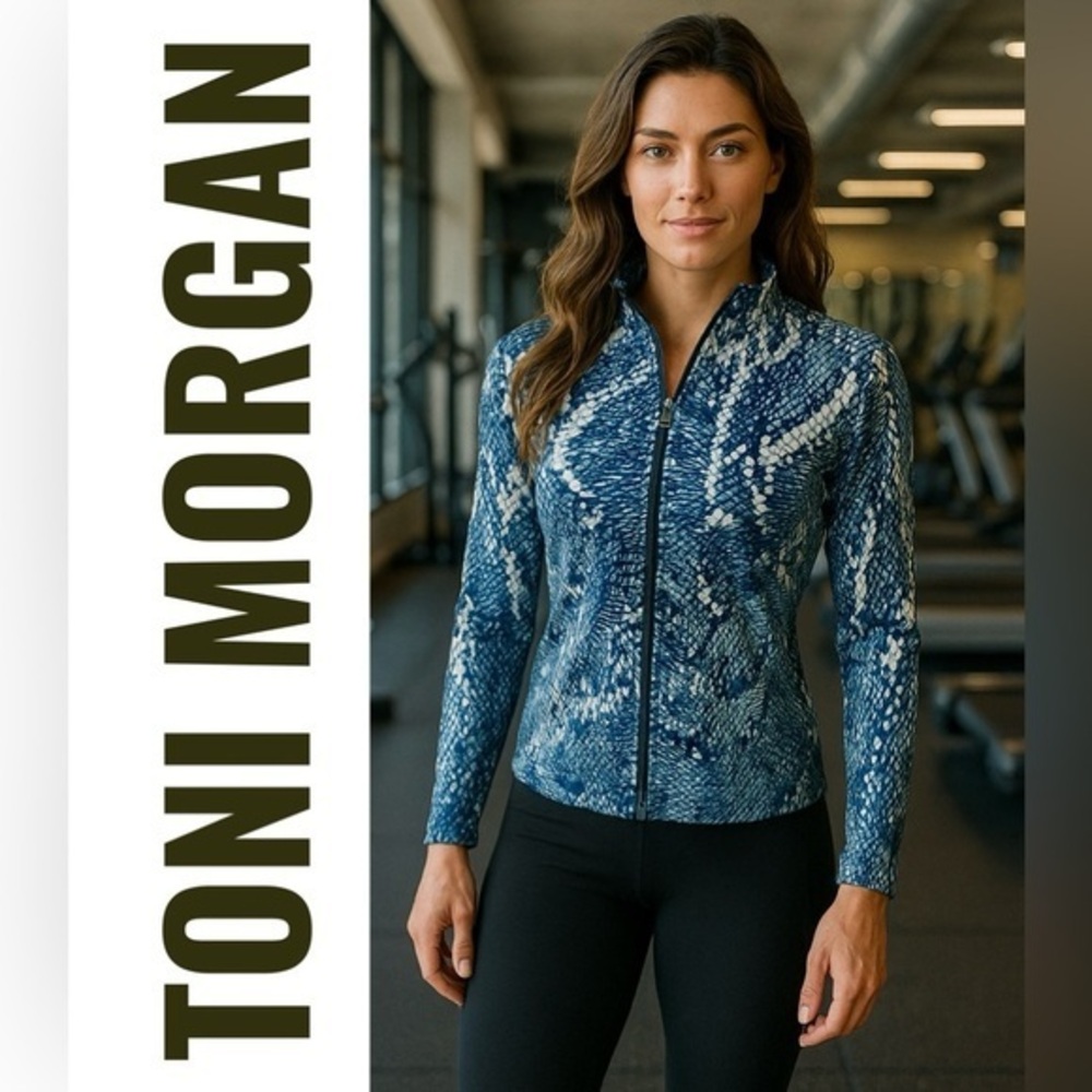 Toni Morgan Blue Python Snake Print Zip-Up Ruched Active Jacket – Size S